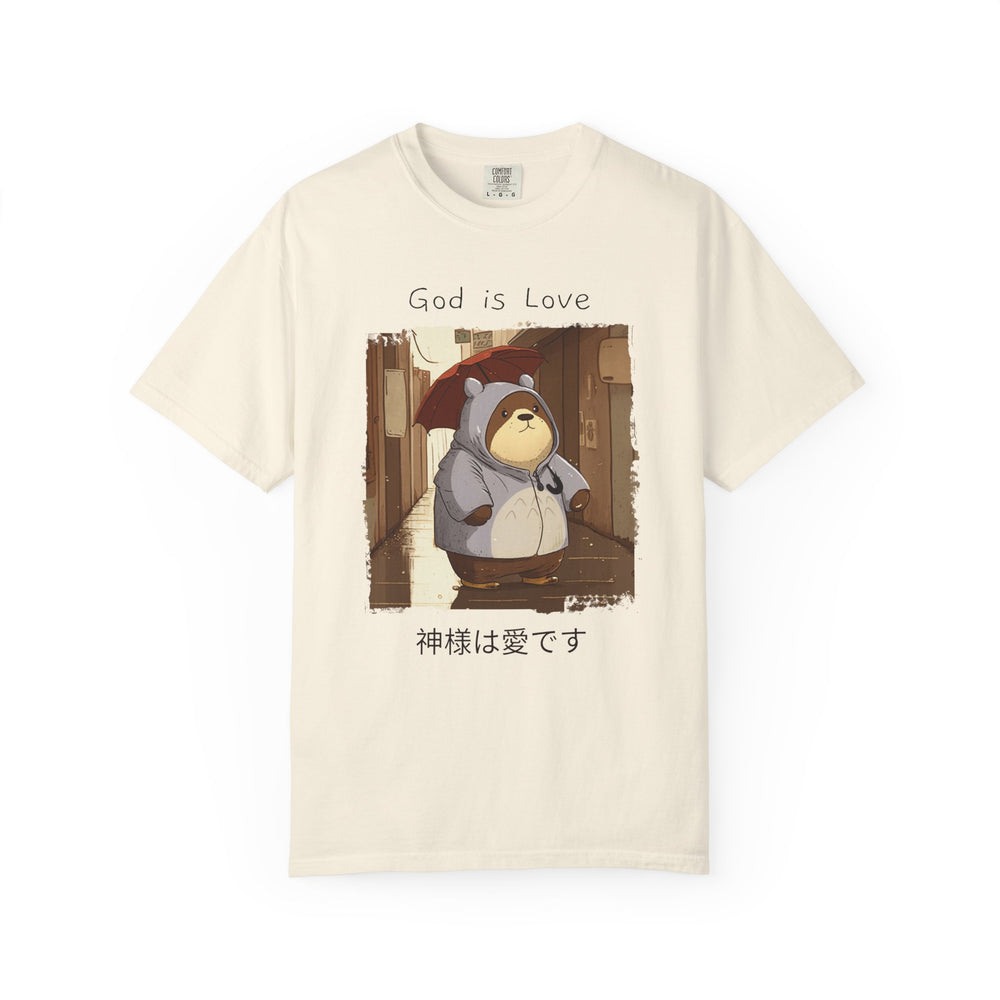 T-shirt with cartoon bear holding an umbrella and text on a white background