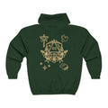 Green hoodie with gold graphic design on the back against a white background