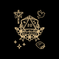 Decorative design with a die, cross, dove, and Bible on a black background