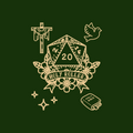Illustration of a d20 die with 'Holy Roller' text on a green background