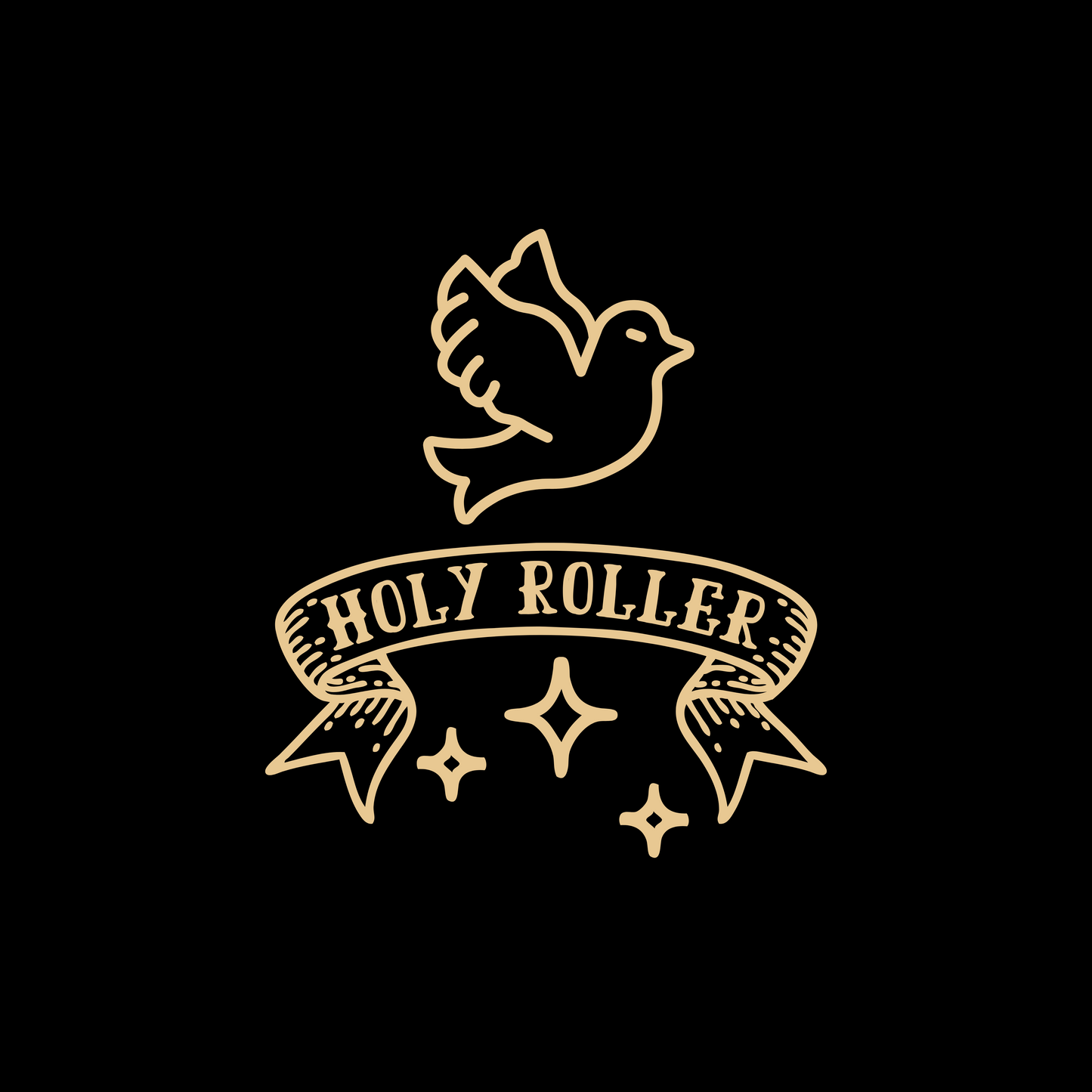 Logo with a dove and 'Holy Roller' text on a black background