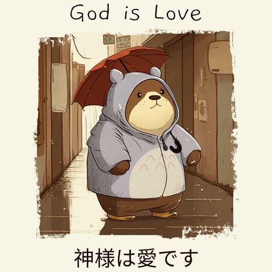 Cartoon bear in a raincoat holding an umbrella with 'God is Love' text above.