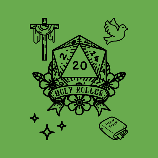 Illustration of a d20 die with 'Holy Roller' text on a green background