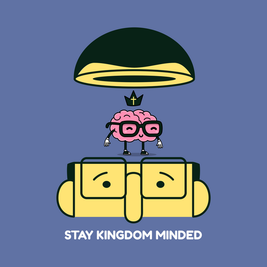 Illustration of a brain character with a crown, sunglasses, and a parachute on a blue background with 'Stay Kingdom Minded' text.