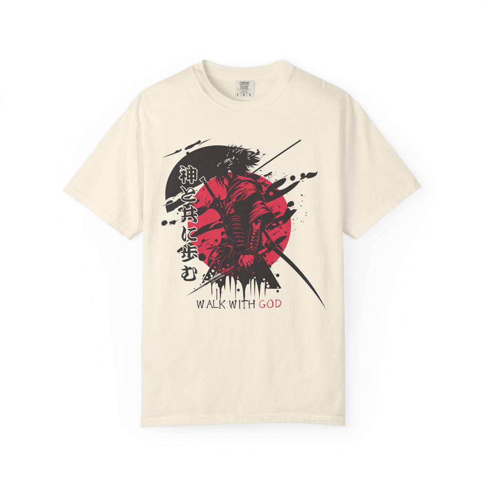 Tan t shirt with stylized illustration of a Samurai with a red sun in the background and 'Walk with God' text in English and Japanese