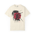 Tan t shirt with stylized illustration of a Samurai with a red sun in the background and 'Walk with God' text in English and Japanese