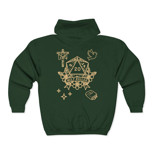 Green hoodie with gold graphic design on the back against a white background