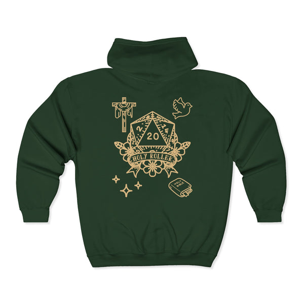 Green hoodie with gold graphic design on the back against a white background