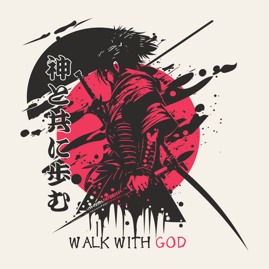 Stylized illustration of a Samurai with a red sun in the background and 'Walk with God' text in English and Japanese