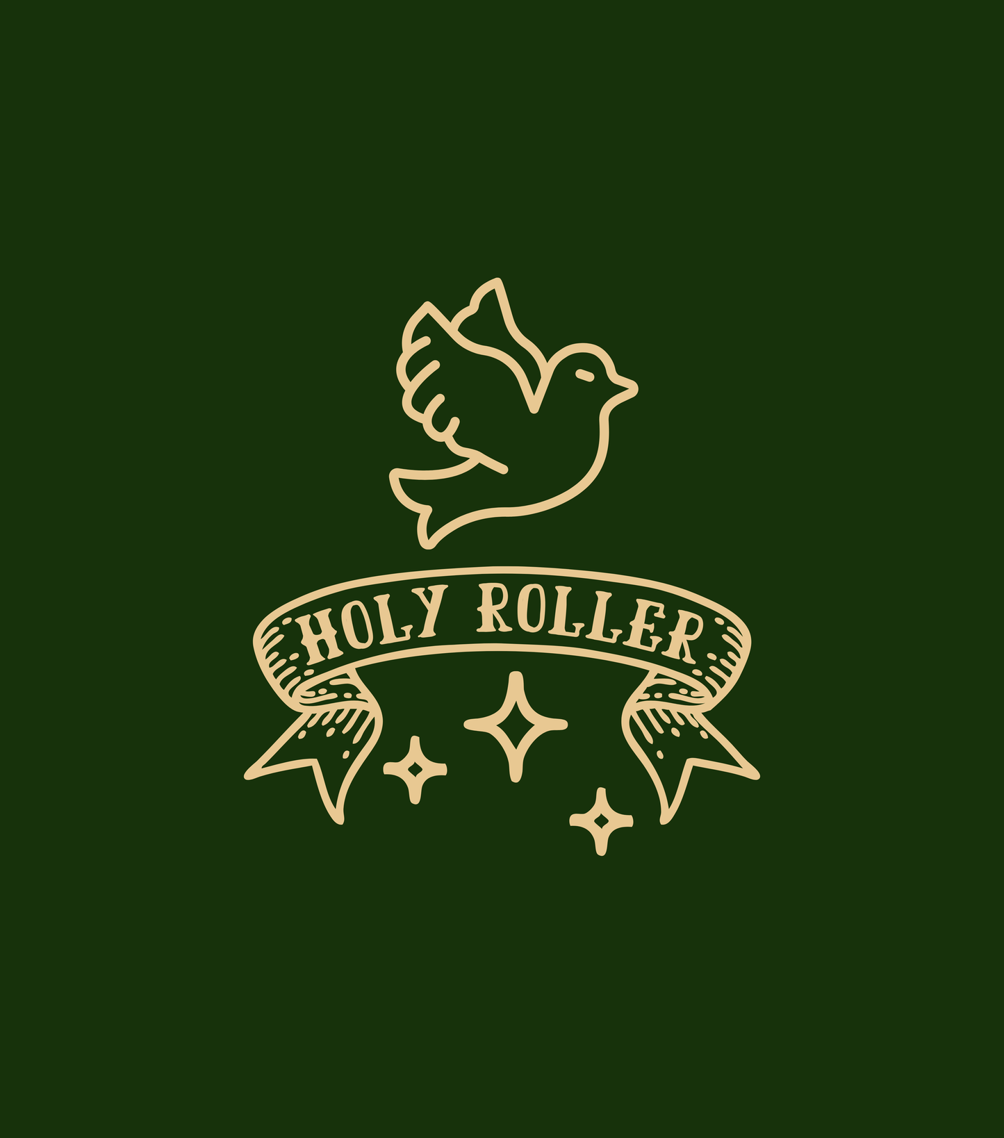 Logo with a dove and 'Holy Roller' text on a green background