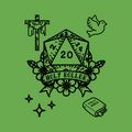Illustration of a d20 die with 'Holy Roller' text on a green background