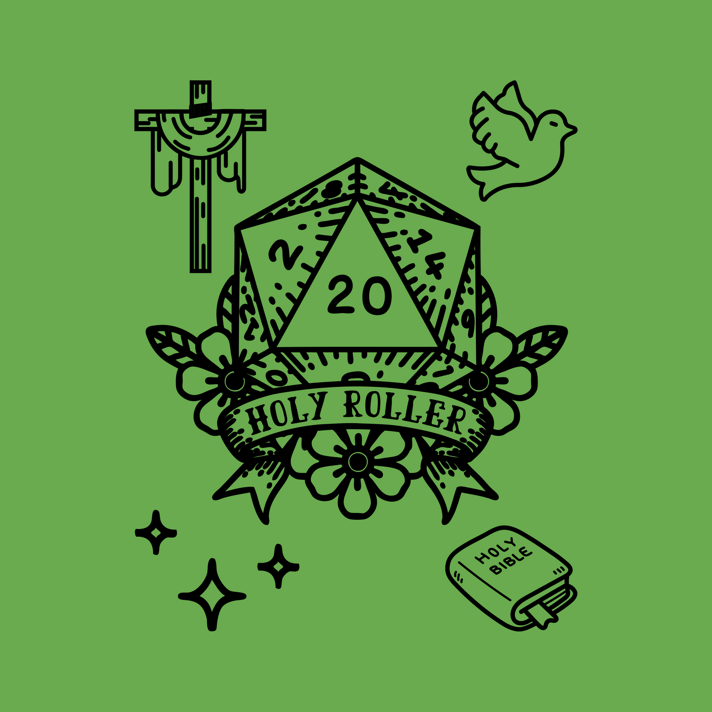 Illustration of a d20 die with 'Holy Roller' text on a green background