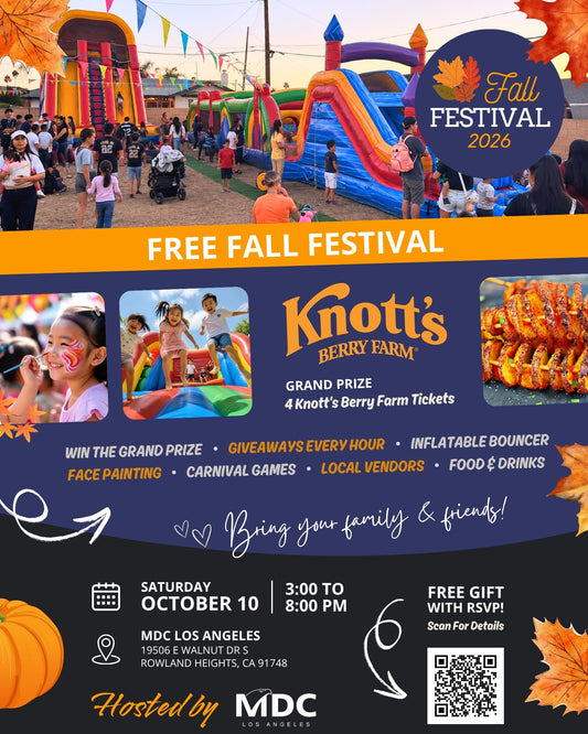 Promotional flyer for the 2026 Fall Festival at Knott's Berry Farm, featuring a large photo of the festival scene, product images of fruit and baked goods, event details, and a QR code.