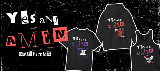 T-shirts and a hoodie with 'Yes and Amen' design on a black background