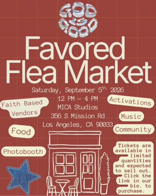 A vintage-style promotional poster for the Favored Flea Market, featuring a terracotta red background, cream-colored text, and illustrations of a market hall, food stalls, and a blue denim star.