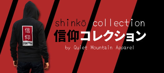 Person wearing a black hoodie with 'shinkó collection' branding on a red and black background.